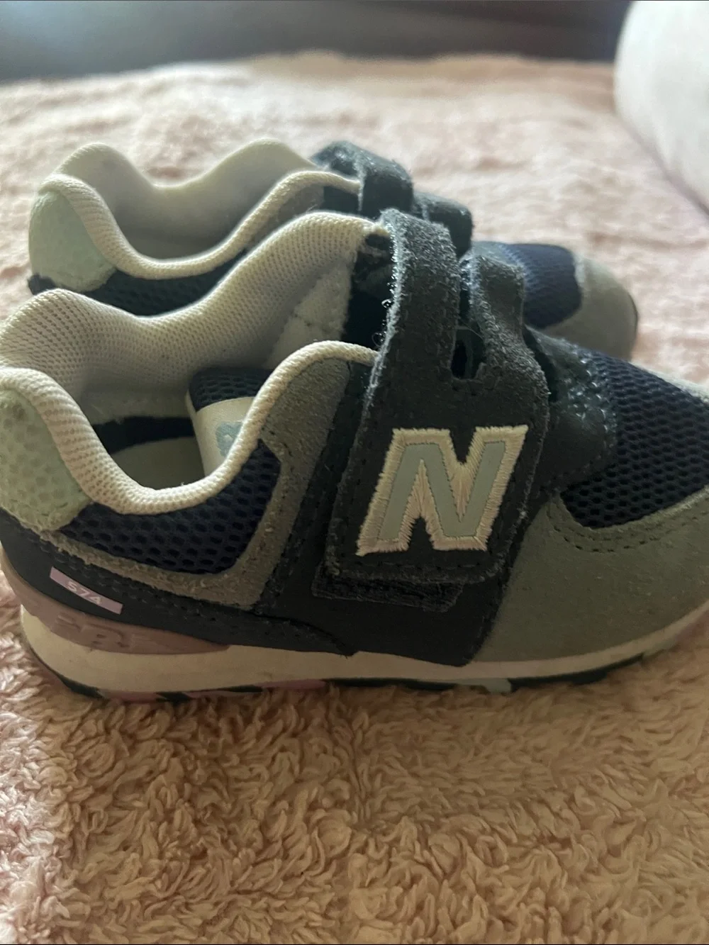 New Balance Kids blue and gray Green Velcro Sneakers
